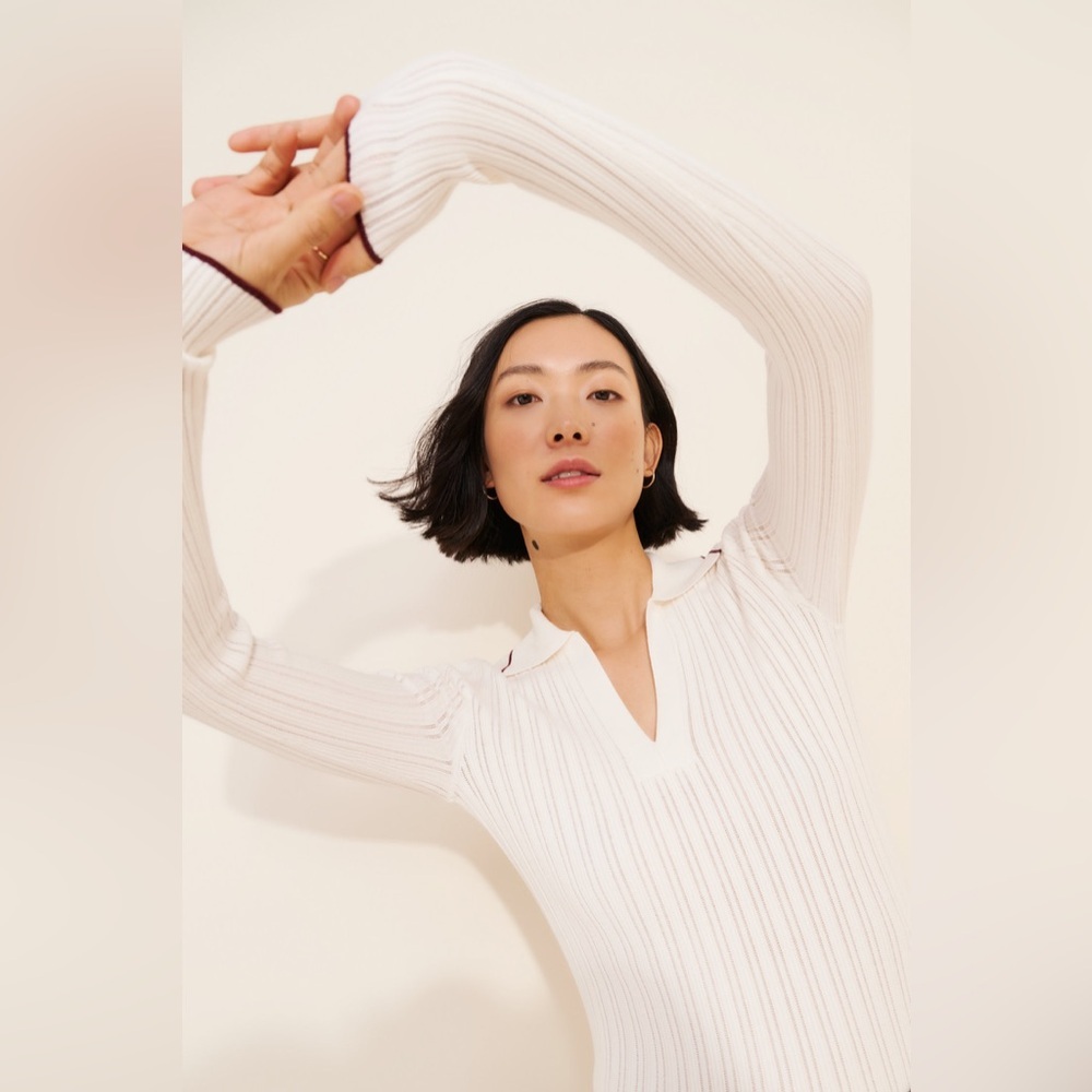 NWT Madewell White V Neck Ribbed Collared Sweater XS Quiet Luxury Minimalist - Picture 9 of 11